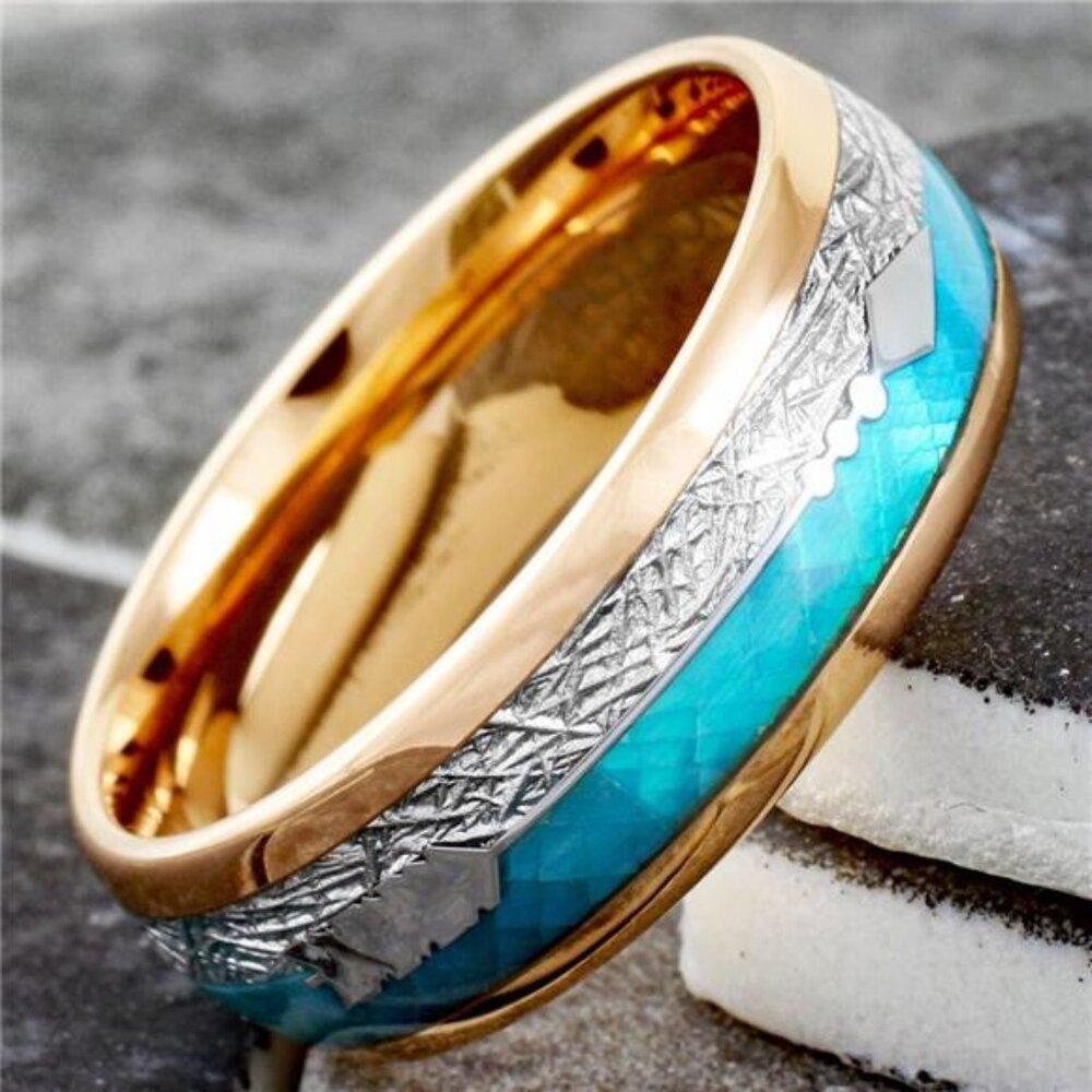 Men's Wedding Band Ring - Rose Gold Faux Blue Opal & Meteorite - Wedding Rings